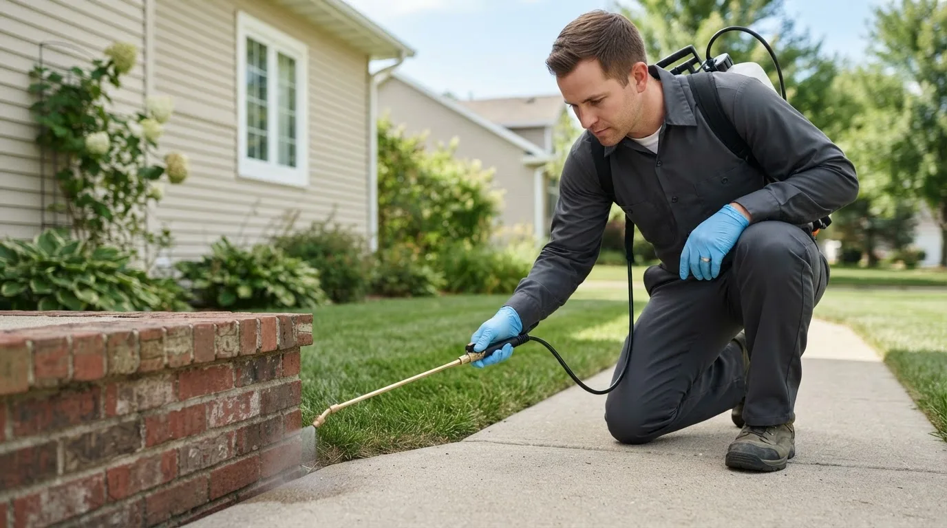 Pest control technician treating a home near Meriden, WY